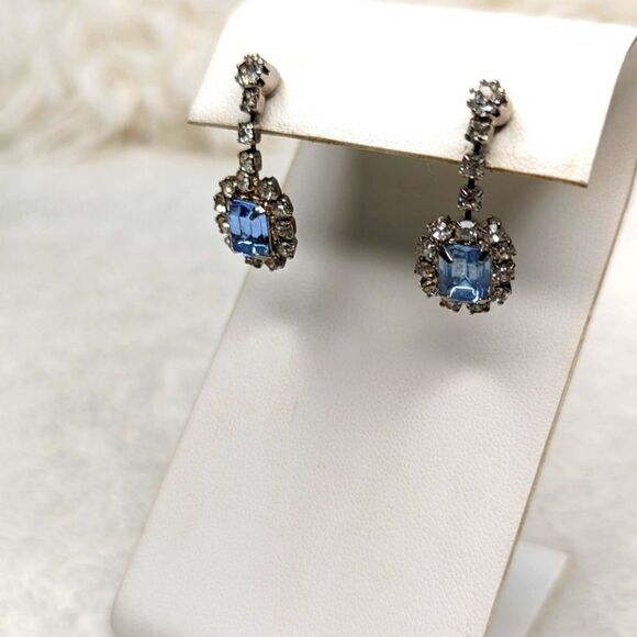 Jewelry - Vintage 80's Blue and Clear Rhinestone Pierced Earrings